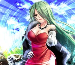 Rule 34 | 1girl, bare shoulders, breasts, cleavage, dress, gloves, green eyes, green hair, hair over one eye, jewelry, large breasts, long hair, looking at viewer, matching hair/eyes, necklace, official art, rave, red dress, reina (rave), solo