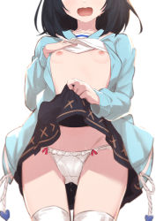 Rule 34 | 1girl, black hair, blue serafuku, bow, bow panties, bra, bra lift, breasts, clothes lift, crotch seam, granblue fantasy, highres, lifting own clothes, medium hair, morisobo, nipples, open clothes, open mouth, open shirt, panties, school uniform, serafuku, shirt lift, simple background, skirt, skirt lift, small breasts, solo, standing, thighhighs, underwear, vikala (granblue fantasy), white background, white panties, white thighhighs