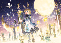 Rule 34 | 1girl, :d, animal ears, blonde hair, blue eyes, blush, crescent, globe, glowing, gradient background, highres, open mouth, original, own hands clasped, own hands together, sho (sumika), short hair, smile, standing, star (symbol), striped legwear, tagme, wide sleeves