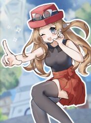 Rule 34 | 1girl, ;d, absurdres, asatte 3z, blue eyes, blurry, blush, breasts, collared shirt, creatures (company), eyewear on headwear, game freak, grey shirt, grey thighhighs, hand up, hat, high-waist skirt, highres, in-universe location, light brown hair, long hair, lumiose city, medium breasts, miniskirt, nintendo, one eye closed, open mouth, outdoors, outline, outstretched arm, pleated skirt, pokemon, pokemon xy, red hat, red skirt, serena (pokemon), shirt, skirt, sleeveless, sleeveless shirt, smile, solo, teeth, thighhighs, upper teeth only, white outline, zettai ryouiki