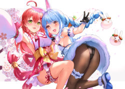 Rule 34 | 2girls, ahoge, animal ear fluff, animal ears, armpits, ass, bare shoulders, black gloves, black leotard, blue hair, bow, braid, branch, breasts, brown legwear, carrot hair ornament, carrying, commentary request, detached sleeves, flower, food-themed hair ornament, fur-trimmed gloves, fur trim, gloves, hair bow, hair ornament, hairclip, himonoata, hololive, japanese clothes, kimono, leotard, long hair, medium breasts, multiple girls, nontraditional miko, pantyhose, pekomon (usada pekora), pleated skirt, puffy short sleeves, puffy sleeves, rabbit ears, red hair, red skirt, sakura miko, sakura miko (1st costume), shoe soles, short sleeves, sideboob, skirt, strapless, strapless leotard, twin braids, twintails, usada pekora, usada pekora (1st costume), very long hair, virtual youtuber, white bow, white flower, white footwear, white kimono, white sleeves, wide sleeves, x hair ornament