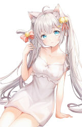 Rule 34 | 1girl, ahoge, animal ear fluff, animal ears, arm support, bare shoulders, bell, blue eyes, bow, breasts, cat ears, cat girl, cat tail, cleavage, closed mouth, collarbone, commentary request, dress, feet out of frame, fish hair ornament, hair ornament, hair ribbon, head tilt, highres, holding tail, jingle bell, kottungyang, light blush, light smile, lips, long hair, looking at viewer, original, red bow, red ribbon, revision, ribbon, silver hair, simple background, small breasts, solo, tail, tail bow, tail ornament, tail raised, tail ribbon, twintails, very long hair, white background, white dress, white tail