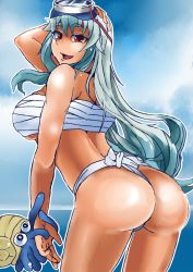 Rule 34 | 1girl, ass, back, blue hair, blue sky, breasts, budget sarashi, cloud, colored eyelashes, cowboy shot, creatures (company), day, eyebrows, from behind, fundoshi, game freak, gen 1 pokemon, heiseikorotaisei, horizon, japanese clothes, kamishirasawa keine, large breasts, long hair, looking at viewer, looking back, multicolored hair, nintendo, ocean, omanyte, open mouth, pokemon, pokemon (creature), red eyes, sarashi, sidelocks, skindentation, sky, smile, thick eyebrows, thighs, touhou, two-tone hair, underwear, underwear only, very long hair, water