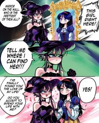 Rule 34 | 2girls, black hair, blush, disney princess, english text, grs-, hat, highres, holding hands, long hair, looking at mirror, mirror, multiple girls, pointy ears, purple hair, snow white (disney), snow white and the seven dwarfs, speech bubble, witch, witch hat, yuri