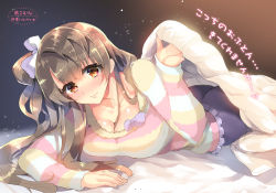 Rule 34 | 10s, 1girl, arm support, blanket, bow, breasts, brown eyes, cleavage, grey hair, hair bow, highres, huge breasts, long hair, love live!, love live! school idol festival, love live! school idol project, lying, minami kotori, on stomach, shimaji, side ponytail, solo, striped clothes, striped sweater, sweater