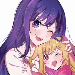 Rule 34 | 2girls, blonde hair, blush, collarbone, commentary request, highres, hoshino ai (oshi no ko), hoshino ruby, long hair, mother and daughter, multiple girls, one eye closed, open mouth, oshi no ko, pink eyes, purple eyes, purple hair, shirt, simple background, star-shaped pupils, star (symbol), symbol-shaped pupils, white background, white shirt, yamabukiyuki