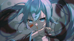 Rule 34 | 1girl, angry, bandaid, bandaid on face, blood, blood on face, blood on hands, blue eyes, detached sleeves, eyelashes, frown, grey background, hair between eyes, hatsune miku, highres, long hair, looking at viewer, nosebleed, orange blood, rolling girl (vocaloid), solo, twintails, upper body, very long hair, vocaloid, wiping blood, yukichi (tsuknak1)