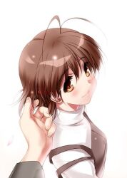 Rule 34 | 1girl, 1other, antenna hair, blush, brown eyes, brown hair, brown skirt, casual, clannad, closed mouth, commentary request, eyelashes, eyes visible through hair, fingernails, from above, furukawa nagisa, hair between eyes, hair ornament, hairclip, hand in another&#039;s hair, lips, looking at viewer, medium hair, one-hour drawing challenge, pov, pov hands, shirt, simple background, skirt, smile, solo focus, suspender skirt, suspenders, white background, white shirt, zen (kamuro)