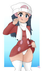 Rule 34 | 1girl, absurdres, blue eyes, blue hair, cameltoe, creatures (company), curvy, dawn (pokemon), female focus, fingernails, game freak, gradient background, hair ornament, highleg, highleg panties, highres, kneehighs, licking lips, lifted by self, lips, long hair, looking at viewer, nintendo, panties, pokemon, pokemon dppt, pokemon platinum, poketch, protoscene, shiny skin, shirt, simple background, skindentation, skirt, socks, solo, standing, tongue, tongue out, underwear, upper body, watch, white panties, winter clothes, wristwatch