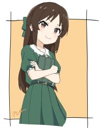 Rule 34 | 1girl, aayh, bow, brown background, brown eyes, brown hair, closed mouth, collared dress, commentary request, dress, green bow, green dress, hair bow, idolmaster, idolmaster cinderella girls, idolmaster cinderella girls u149, long hair, looking at viewer, hugging object, parted bangs, pleated dress, puffy short sleeves, puffy sleeves, short sleeves, signature, smile, solo, tablet pc, tachibana arisu, two-tone background, v-shaped eyebrows, very long hair, white background