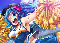 Rule 34 | 1girl, armpits, bad id, bad pixiv id, blue eyes, blue hair, breasts, cheerleader, face, female focus, fukai ryosuke, hair bobbles, hair ornament, hat, impossible clothes, impossible shirt, kawashiro nitori, large breasts, matching hair/eyes, pom pom (cheerleading), shirt, short hair, solo, touhou, twintails, two side up