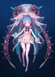 Rule 34 | + +, 1girl, ahoge, bare shoulders, barefoot, blue background, blue hair, bow, bubble, dress, elbow gloves, expressionless, floating, frills, full body, gloves, gradient background, hair bow, highres, iwato1712, jelly hair, jellyfish, looking at viewer, one-piece swimsuit, original, personification, red bow, school swimsuit, see-through, short dress, short hair, solo, swimsuit, swimsuit under clothes, symbol-shaped pupils, tentacles, underwater, underwear, veil, white one-piece swimsuit, white school swimsuit, wrist cuffs