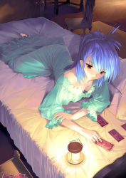 Rule 34 | 1girl, bare shoulders, barefoot, bed, blue hair, brown eyes, card, downblouse, lamp, lingerie, long hair, lowres, lying, nightgown, on bed, on side, ponytail, purple eyes, solo, tarot, ueda ryou, underwear, very long hair