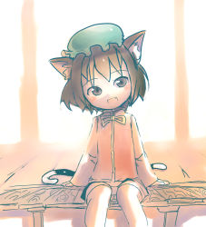 Rule 34 | 1girl, :d, animal ears, bad id, bad pixiv id, blush stickers, brown eyes, brown hair, cat ears, cat girl, cat tail, chen, child, fang, female focus, hat, head tilt, open mouth, porch, rondo bell, short hair, sitting, smile, solo, tail, touhou, veranda
