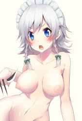 Rule 34 | 1girl, asagi yuna, bad id, bad pixiv id, blue eyes, blush, bow, braid, breasts, collarbone, hair bow, highres, izayoi sakuya, knife, large breasts, maid, maid headdress, navel, nipples, nude, open mouth, puffy nipples, silver hair, simple background, solo, touhou, twin braids, white background