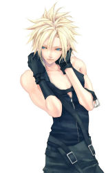 Rule 34 | 1990s (style), 1boy, artist request, belt, blonde hair, blue eyes, buckle, cloud strife, final fantasy, final fantasy vii, gloves, male focus, retro artstyle, simple background, solo, source request, standing, undressing, unzipped, white background