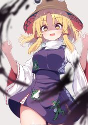 Rule 34 | 1girl, absurdres, animal print, blonde hair, blurry, blurry foreground, blush, breasts, brown headwear, commentary request, cowboy shot, darkness, darumoon, detached sleeves, frog print, grey background, high-waist skirt, highres, looking at viewer, medium breasts, miniskirt, moriya suwako, open mouth, purple skirt, rectangular pupils, ribbon-trimmed sleeves, ribbon trim, sidelocks, simple background, skirt, solo, thighhighs, thighs, touhou, turtleneck, wide sleeves, yellow eyes, zettai ryouiki