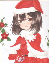Rule 34 | 1girl, brown eyes, brown hair, capelet, christmas, commentary request, dress, elbow gloves, fur-trimmed capelet, fur-trimmed dress, fur-trimmed gloves, fur-trimmed headwear, fur capelet, fur trim, gift, gloves, hat, highres, kantai collection, looking at viewer, marker (medium), red capelet, red gloves, red headwear, santa costume, santa dress, santa hat, sendai (kancolle), traditional media, two side up, yuuki chima
