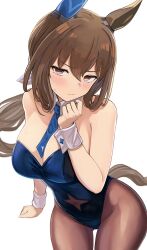 Rule 34 | 1girl, admire vega (umamusume), alternate costume, animal ears, blue leotard, blue necktie, blush, breasts, brown hair, brown pantyhose, clenched hands, closed mouth, clothing cutout, commentary request, ear covers, enumiyaa, hair between eyes, highres, horse ears, horse girl, horse tail, large breasts, leaning forward, leotard, long hair, looking at viewer, low ponytail, navel cutout, necktie, pantyhose, red eyes, simple background, single ear cover, solo, strapless, strapless leotard, sweat, tail, umamusume, v-shaped eyebrows, white background, white wrist cuffs, wrist cuffs