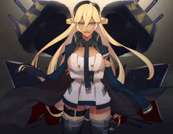 Rule 34 | 1girl, azur lane, bad id, bad pixiv id, black gloves, black thighhighs, blonde hair, blue eyes, breast hold, breasts, buttons, coat, cowboy shot, dark-skinned female, dark skin, detached collar, dress, fingerless gloves, gloves, hair between eyes, hat, jacket, jacket on shoulders, large breasts, lips, long hair, microdress, necktie, no bra, open clothes, open coat, panties, parted lips, peaked cap, smile, sokuse kienta, solo, tennessee (azur lane), thigh strap, thighhighs, turret, underwear, very long hair, white panties