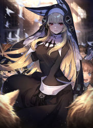 Rule 34 | 2boys, 2others, 3girls, ahoge, animal ears, arm up, bird, black dress, black gloves, blonde hair, blue hair, blurry, blurry background, blush, brick, brick wall, bright pupils, brown hair, child, choker, closed eyes, cross, day, dress, eyelashes, flying, gloves, highres, light brown hair, light particles, light rays, long eyelashes, long hair, long sleeves, looking at viewer, mephisto (angraecum), mole, mole under mouth, multiple boys, multiple girls, multiple others, nun, open mouth, original, outdoors, parted lips, red eyes, smile, solo focus, teeth, upper teeth only, white pupils, wide sleeves, wind, window, x
