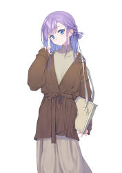 Rule 34 | 1girl, bag, blue eyes, blush, breasts, brown jacket, coffeekite, con (fate), contemporary, dress, fate/extra, fate/extra ccc, fate/grand order, fate (series), grey dress, highres, jacket, long hair, long sleeves, looking at viewer, meltryllis (fate), purple hair, shoulder bag, small breasts, smile, solo, turtleneck, turtleneck dress, very long hair