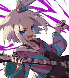 Rule 34 | 1girl, bass guitar, blue eyes, blush, collarbone, commentary request, creatures (company), dress, game freak, grey hair, gym leader, hair bobbles, hair ornament, hands up, holding, holding instrument, holding plectrum, instrument, medium hair, nintendo, open mouth, plectrum, pokemon, pokemon bw2, roxie (pokemon), smile, solo, striped clothes, striped dress, teeth, tongue, topknot, tpi ri, two-tone dress, upper body
