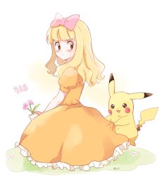Rule 34 | 1boy, ash ketchum, ashley (pokemon), bad id, bad pixiv id, blush, bow, brown hair, commentary request, creature, creatures (company), crossdressing, dress, embarrassed, flower, game freak, gen 1 pokemon, grass, hair bow, holding, holding flower, juliet sleeves, long hair, long sleeves, male focus, mei (maysroom), nintendo, orange dress, pikachu, pink bow, pokemon, pokemon (anime), pokemon (classic anime), pokemon (creature), puffy sleeves, simple background, smile, trap, white background, wig