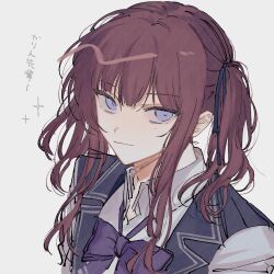 Rule 34 | 1girl, blue eyes, blue ribbon, bow, bowtie, brown hair, cevio, character name, closed mouth, collared shirt, commentary, grey background, grey shirt, hair ribbon, highres, hirako daishougun, long hair, looking at viewer, natsuki karin, purple bow, purple bowtie, ribbon, shirt, sidelocks, simple background, solo, sparkle, translated, twintails, upper body