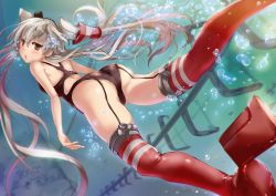 Rule 34 | 10s, 1girl, absurdres, amatsukaze (kancolle), armadillo-tokage, ass, bad id, bad twitter id, brown eyes, bubble, garter straps, gradient background, hair tubes, headgear, highres, kantai collection, kneehighs, long hair, looking at viewer, one-piece swimsuit, rudder footwear, silver hair, socks, solo, striped clothes, striped socks, striped thighhighs, swimsuit, thighhighs, twintails, two side up, underwater