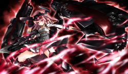 Rule 34 | 1girl, absurdres, aura, bell, black background, black legwear, black skirt, blouse, boots, buttons, collar, dress shirt, expressionless, garter belt, gundam, gundam seed, gunpla, hair ornament, highres, holding, holding polearm, holding spear, holding weapon, javelin (warship girls r), lance, long hair, looking at viewer, machinery, military, military vehicle, model kit, neck bell, outstretched hand, pink hair, pleated skirt, polearm, red ribbon, ribbon, shirt, skirt, solo, spear, striped clothes, striped skirt, torpedo, two-handed, warship girls r, weapon, xinghuajian