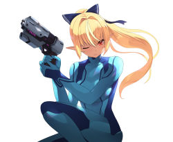 Rule 34 | 1girl, bad id, bad pixiv id, blonde hair, blue bodysuit, blue ribbon, bodysuit, cait aron, commentary, cosplay, covered collarbone, crossover, dark-skinned female, dark skin, directed-energy weapon, elf, energy gun, energy weapon, feet out of frame, gun, hair ribbon, handgun, high ponytail, highres, holding, holding gun, holding weapon, hololive, impossible bodysuit, impossible clothes, kneeling, long hair, looking at viewer, metroid, metroid: other m, nintendo, one eye closed, orange eyes, paralyzer, pistol, pointy ears, ribbon, samus aran, samus aran (cosplay), shiranui flare, simple background, skin tight, solo, sweat, v-shaped eyebrows, virtual youtuber, weapon, white background, wink, zero suit