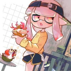 Rule 34 | 1girl, 333negi, :o, artist name, black shorts, commentary request, dolphin shorts, egg, food, holding, holding food, indoors, inkling, inkling girl, inkling player character, lobster, long hair, nintendo, open mouth, pink hair, pointy ears, print sweater, red hair, short shorts, shorts, sideways hat, smallfry (splatoon), splatoon (series), splatoon 3, standing, sweater, tentacle hair, twitter username, visor cap, yellow eyes, yellow sweater, yellow trim
