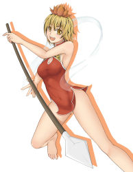 Rule 34 | 1girl, :d, alternate costume, ass, bare hips, barefoot, black hair, blonde hair, breasts, china dress, chinese clothes, cleavage, cleavage cutout, clothing cutout, cookin, covered navel, dress, feet, highres, multicolored hair, open mouth, polearm, short dress, short hair, shoulder blades, simple background, smile, solo, spear, tight clothes, tight dress, toes, toramaru shou, touhou, weapon, white background, yellow eyes