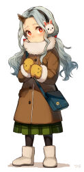 Rule 34 | 1girl, alternate costume, ankle boots, artist name, badge, bag, black socks, blue bag, blue hair, blush, boku no hero academia, boots, bright pupils, brown coat, bunny headphones, button badge, buttons, child, closed mouth, coat, commentary request, eri (boku no hero academia), full body, fur-trimmed coat, fur-trimmed sleeves, fur collar, fur trim, green skirt, grey footwear, hair tie, head tilt, headphones, highres, holding strap, horns, light blue hair, light frown, long hair, long sleeves, looking at viewer, low twintails, mittens, nose blush, parted hair, plaid, plaid skirt, pocket, red eyes, satchel, short eyebrows, shoulder bag, sidelocks, sideways glance, simple background, single horn, skirt, socks, solo, standing, twintails, wavy hair, white background, white pupils, winter clothes, winter coat, yellow mittens, yukibi (ykb)