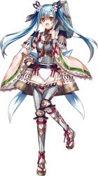 Rule 34 | 1girl, :d, armor, blue hair, breastplate, flower, full body, hair flower, hair ornament, hair ribbon, hand on own hip, holding, holding mallet, holding weapon, long hair, mallet, official art, open mouth, oshiro project:re, oshiro project:re, ribbon, saijou haruki, smile, thighhighs, transparent background, tsuyama (oshiro project), twintails, weapon, yellow eyes