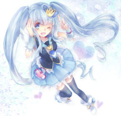 Rule 34 | 10s, 1girl, blue eyes, blue hair, blue skirt, blue thighhighs, boots, brooch, character name, crown, cure princess, english text, eyelashes, hair ornament, hair ribbon, happinesscharge precure!, happy, heart, heart brooch, long hair, looking at viewer, magical girl, matching hair/eyes, open mouth, precure, ribbon, sencha (coldcolor), shirayuki hime, shirt, skirt, smile, solo, thighhighs, thighs, twintails, wrist cuffs, zettai ryouiki