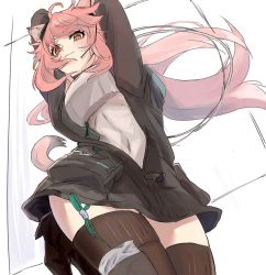 Rule 34 | 1girl, animal ear fluff, animal ears, arknights, armor, bare shoulders, black footwear, black jacket, blush, bodysuit, boots, breastplate, breasts, brown eyes, brown thighhighs, commentary request, cowboy shot, gravel (arknights), headgear, headset, high heel boots, high heels, jacket, knee boots, konota ko, leg up, long sleeves, looking at viewer, medium breasts, mouse ears, mouse girl, mouse tail, open clothes, open jacket, partial bodysuit, pink hair, sidelocks, smile, tail, thick eyebrows, thighhighs, unzipped, weapon, white background, white bodysuit