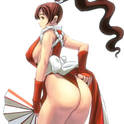 Rule 34 | 1girl, ass, bad id, bad pixiv id, breasts, brown eyes, brown hair, cowboy shot, fatal fury, folding fan, hand fan, japanese clothes, kouno (masao), large breasts, long hair, panties, pelvic curtain, ponytail, revealing clothes, shiranui mai, sideboob, smile, snk, solo, the king of fighters, underwear