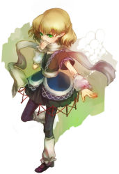 Rule 34 | 1girl, arm warmers, black pantyhose, blonde hair, female focus, full body, green eyes, hand to own mouth, layered legwear, leg warmers, leggings, mizuhashi parsee, outstretched arm, pantyhose, pointy ears, riinu (ir-n), scarf, short hair, simple background, skirt, solo, standing, standing on one leg, touhou, white background