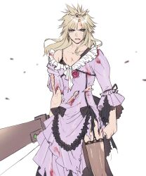 Rule 34 | 1boy, ah yoshimizu, black bow, black bra, black pantyhose, blonde hair, blood, blood on chest, blood on clothes, blood on face, blood on leg, blood on mouth, bloody clothes, bloody dress, blue eyes, blush, bow, bra, buster sword, clenched hand, cloud strife, commentary, crossdressing, cuts, dangle earrings, dress, earrings, final fantasy, final fantasy vii, final fantasy vii remake, flower, frilled dress, frills, garter straps, highres, holding, holding sword, holding weapon, injury, jewelry, juliet sleeves, lace, lace bra, lace trim, long hair, long sleeves, male focus, pantyhose, pink flower, pink lips, pink rose, puffy sleeves, purple dress, rose, serious, simple background, solo, spiked hair, standing, sweatdrop, sword, tiara, torn clothes, torn dress, underwear, upper body, weapon, white background, wind