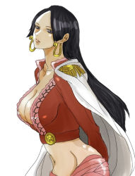 Rule 34 | 1girl, amazon lily, black hair, boa hancock, breasts, cape, cleavage, earrings, female focus, highres, jacket, jewelry, long hair, one piece, red jacket, red shirt, shirt, simple background, solo, white background