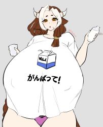 Rule 34 | 1girl, animal ears, breasts, brown eyes, brown hair, covered erect nipples, cow ears, cow horns, cow tail, gigantic breasts, highres, horns, leche (ushijidraws), milk, multicolored hair, original, panties, sketch, tail, two-tone hair, underwear, ushijidraws, white hair