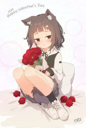 1girl animal_ears between_legs black_eyes black_hair borrowed_character bouquet cat_ears cat_girl cat_tail coreytaiyo flower full_body happy_valentine highres holding holding_bouquet jacket long_sleeves looking_at_viewer medium_hair open_clothes open_jacket original plaid_clothes plaid_skirt pleated_skirt red_flower red_rose rose shirt shoes simple_background sitting sitting_on_pillow skirt sleeves_past_wrists tail tail_between_legs white_background white_footwear white_shirt