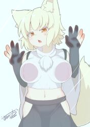Rule 34 | 1girl, absurdres, against glass, animal ear fluff, animal ears, bare shoulders, black gloves, black skirt, blonde hair, breast press, breasts, cowboy shot, dated, detached sleeves, elbow gloves, glass, gloves, groin, hands up, highres, hip vent, inubashiri momiji, large breasts, looking at viewer, midriff, navel, open mouth, orange eyes, otomen maru-no-uchi, partially fingerless gloves, shirt, short hair, signature, skirt, sleeveless, sleeveless shirt, solo, standing, tail, tail raised, touhou, turtleneck, turtleneck shirt, white shirt, white sleeves, wide sleeves, yellow tail