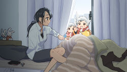 Rule 34 | 1girl, 2boys, animal ears, bed, black eyes, black hair, black shorts, cellphone, cellphone charm, charm (object), collared shirt, comforter, cupcake, curtains, earrings, food, glass door, grey sky, hair tie, highres, holding, holding plate, holding teapot, jewelry, kojiro337, long sleeves, looking at another, multiple boys, on bed, original, parted bangs, partially unbuttoned, phone, pillow, plate, ponytail, rabbit boy, rabbit ears, shirt, short hair, shorts, sidelocks, signature, sitting, sky, sliding doors, smartphone, stud earrings, teapot, white hair, white shirt