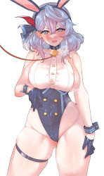 Rule 34 | 1girl, ako (blue archive), animal ears, bad id, bad pixiv id, bare shoulders, bell, black gloves, blue archive, blue eyes, blue hair, blush, breasts, collar, covered navel, cowboy shot, fake animal ears, gloves, gluteal fold, hair between eyes, hair ribbon, heavy breathing, highleg, highleg leotard, highres, large breasts, leotard, long hair, looking at viewer, open mouth, paid reward available, playboy bunny, rabbit ears, ribbon, simple background, skindentation, solo, standing, sweat, tears, thick thighs, thigh strap, thighs, wakura (gcdan), white background