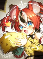 Rule 34 | 1girl, animal ears, artist name, asymmetrical sleeves, blue eyes, cheese, collar, drooling, eating, food, hakos baelz, highres, holding, holding food, hololive, hololive english, mouse ears, mouth drool, multicolored hair, onyang, red hair, reticule, spiked collar, spikes, streaked hair, surprised, twintails, virtual youtuber