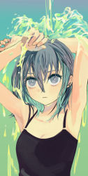 Rule 34 | 1girl, absurdres, armpits, arms up, bad id, bad pixiv id, bare arms, black hair, black tank top, blue background, breasts, cleavage, closed mouth, collarbone, colored inner hair, commentary request, gradient background, green background, green hair, grey eyes, highres, huge filesize, looking at viewer, medium breasts, multicolored hair, original, solo, tank top, tokiwata soul, water