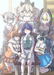 Rule 34 | 6+girls, ^ ^, animal ears, arm support, arms behind head, arms up, bald eagle (kemono friends), bare arms, bare legs, bare shoulders, behind another, belt, black hair, blonde hair, blue eyes, blue hair, breast pocket, brown hair, buttons, captain (kemono friends), cargo shorts, cetacean tail, chair, closed eyes, closed mouth, commentary request, common dolphin (kemono friends), day, dhole (kemono friends), dog ears, dog girl, dog tail, dorsal fin, dress, eyes visible through hair, facing viewer, fangs, fangs out, feet out of frame, fins, fish tail, frilled dress, frills, fur scarf, glasses, gloves, gm (ggommu), grey eyes, grey hair, hair between eyes, head fins, head wings, height difference, highres, indoors, jacket, kemono friends, kemono friends 3, kneeling, leaning forward, leaning on object, lion (kemono friends), lion ears, long sleeves, looking at viewer, medium dress, medium hair, meerkat (kemono friends), meerkat ears, meerkat tail, miniskirt, multicolored hair, multiple girls, necktie, one eye closed, open mouth, own hands together, pantyhose, plaid, plaid neckwear, plaid sleeves, pocket, purple hair, sailor collar, scarf, shirt, short hair, short sleeves, shorts, sidelocks, sitting, skirt, sleeveless, sleeveless dress, sleeveless shirt, smile, standing, sweater, swept bangs, tail, thighhighs, two-tone hair, white hair, window, wings, wooden floor, yellow eyes, zettai ryouiki
